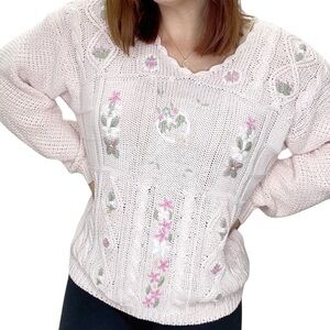 VTG Cable Knit Pale Pink Floral Granny Sweater Sz M